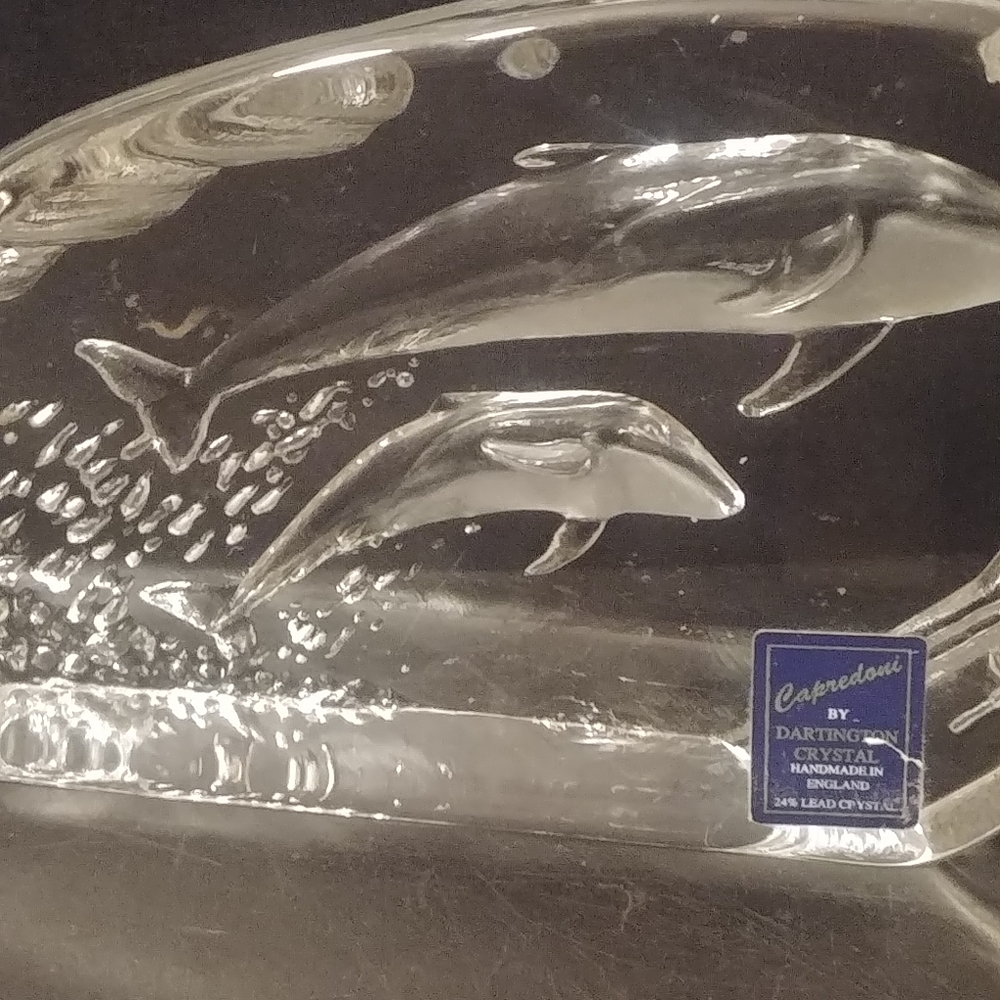 Signed Capredoni By Dartington Crystal Jumping 2 Dolphins Paperweight